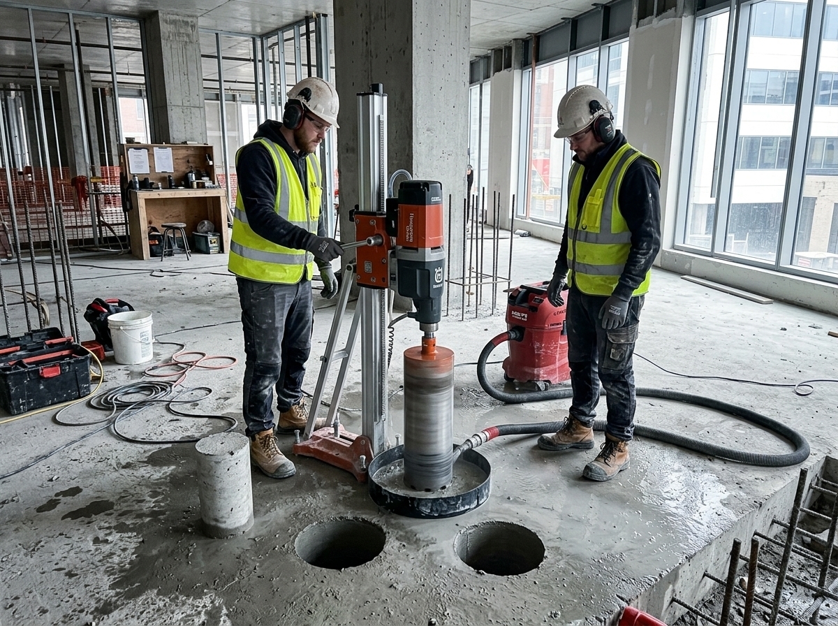 Flat saw following a chalk line on a slab (Downtown & River Market District area)